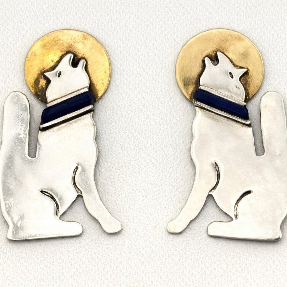 Vintage Navajo Sterling Silver Wolf Earrings Lapis Lazuli Mahooty